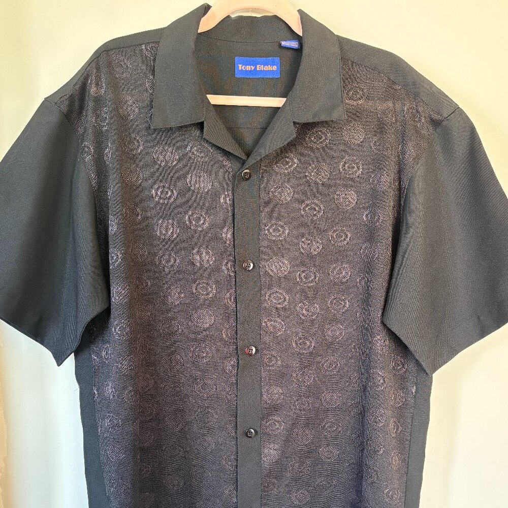 Tony Blake Men XL Black Button Front Shirt‎ Textured Pattern Short Sleeve Casual